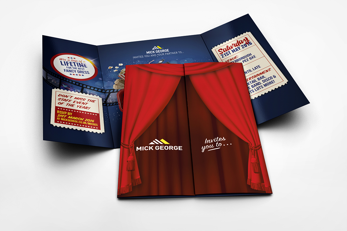 An image showing the front and inside of the Mick George staff party invite