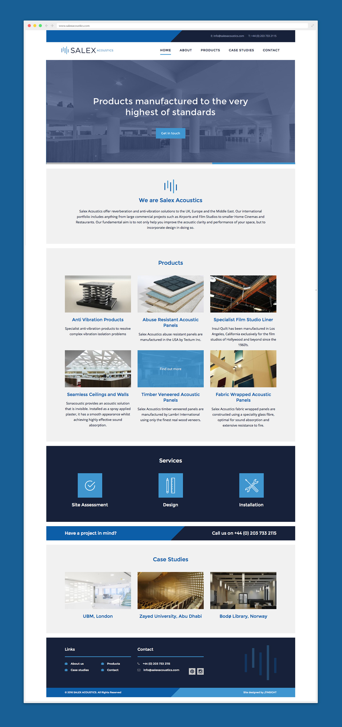 Page view of the website we designed for Salex Acoustics.